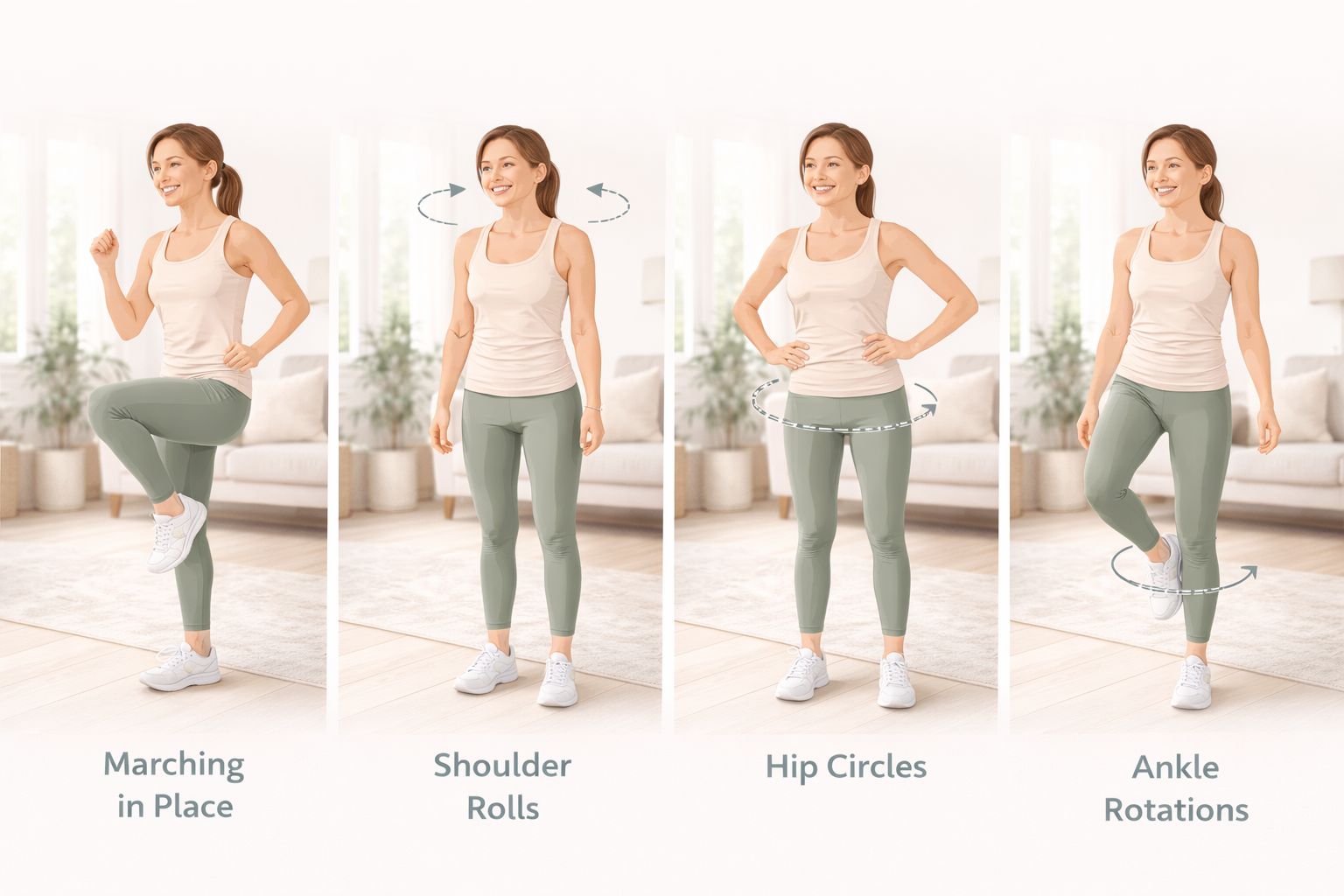 Beginner performing gentle warm-up exercises at home, including marching, shoulder rolls, and hip circles, in a bright and clean living room.