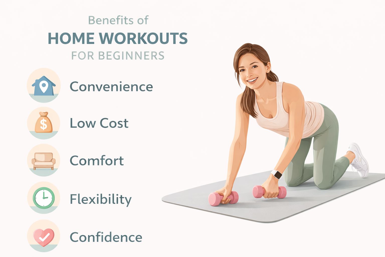 Illustration of a woman exercising at home on a yoga mat beside an infographic listing the benefits of home workouts for beginners, including convenience, low cost, comfort, flexibility, and confidence.