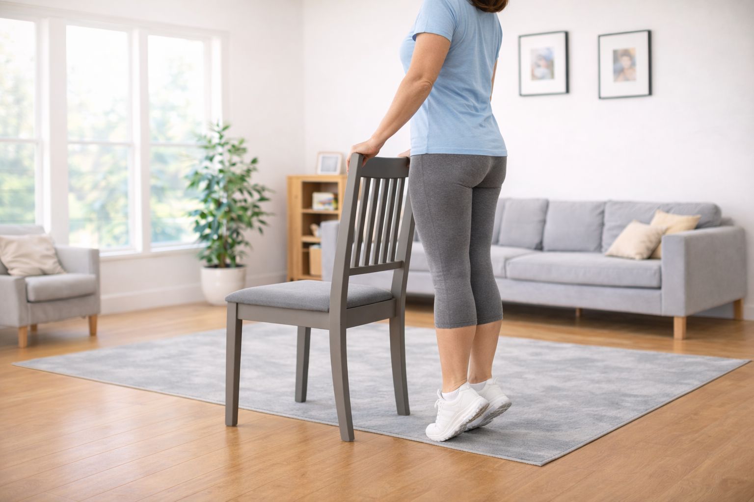 A person holding a chair while rising onto the balls of the feet in a slow, controlled calf raise.