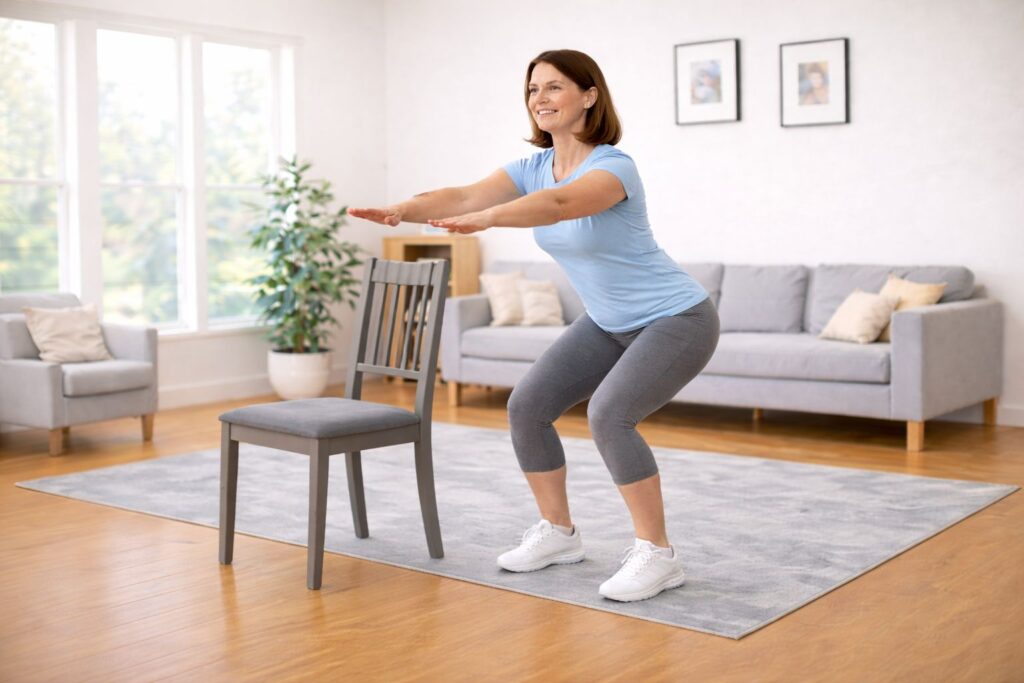 A person performing a mini squat in front of a chair, hips pushed back, knees aligned safely.