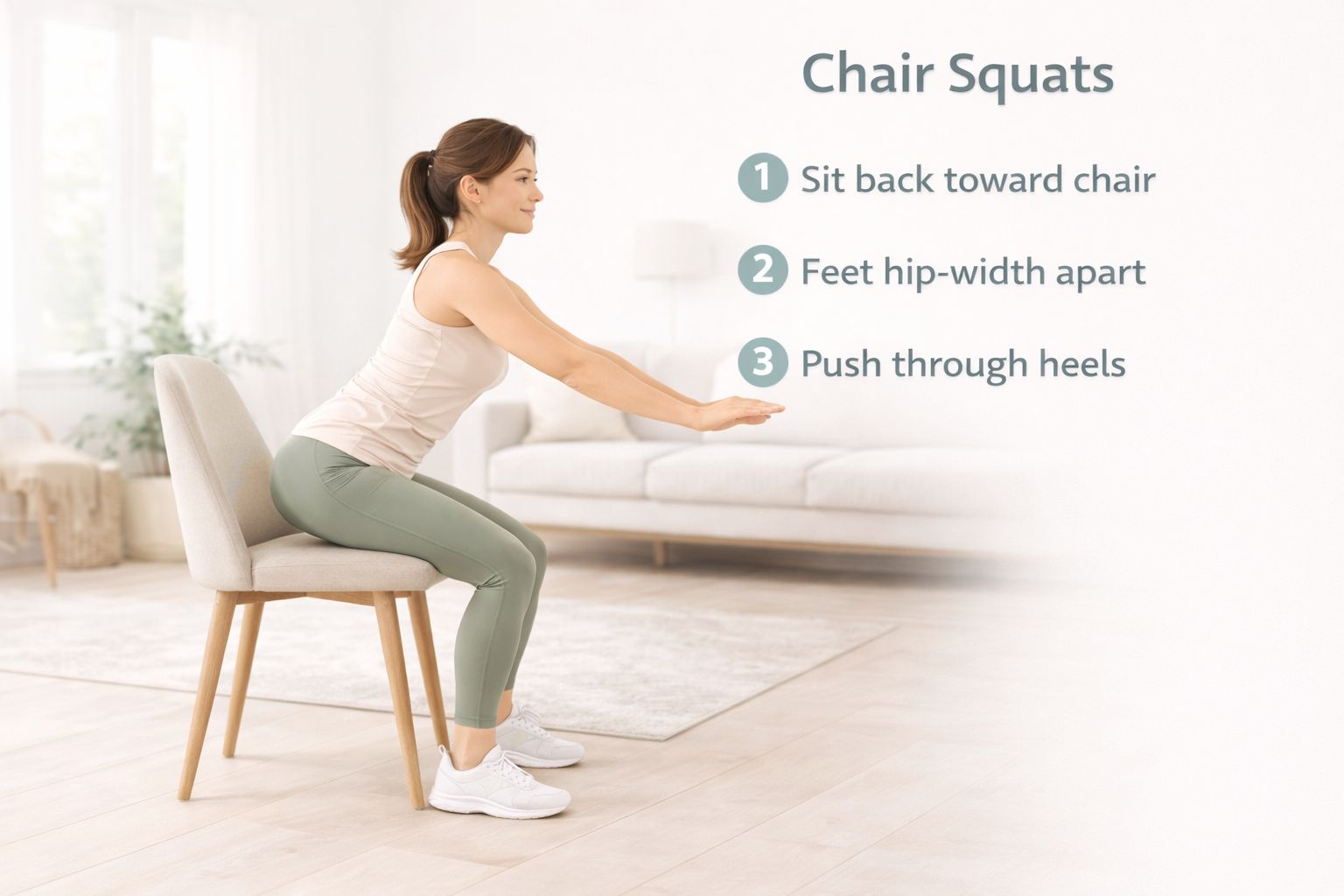 Beginner doing chair squats with proper form, sitting back toward a chair, and standing up using heel drive.