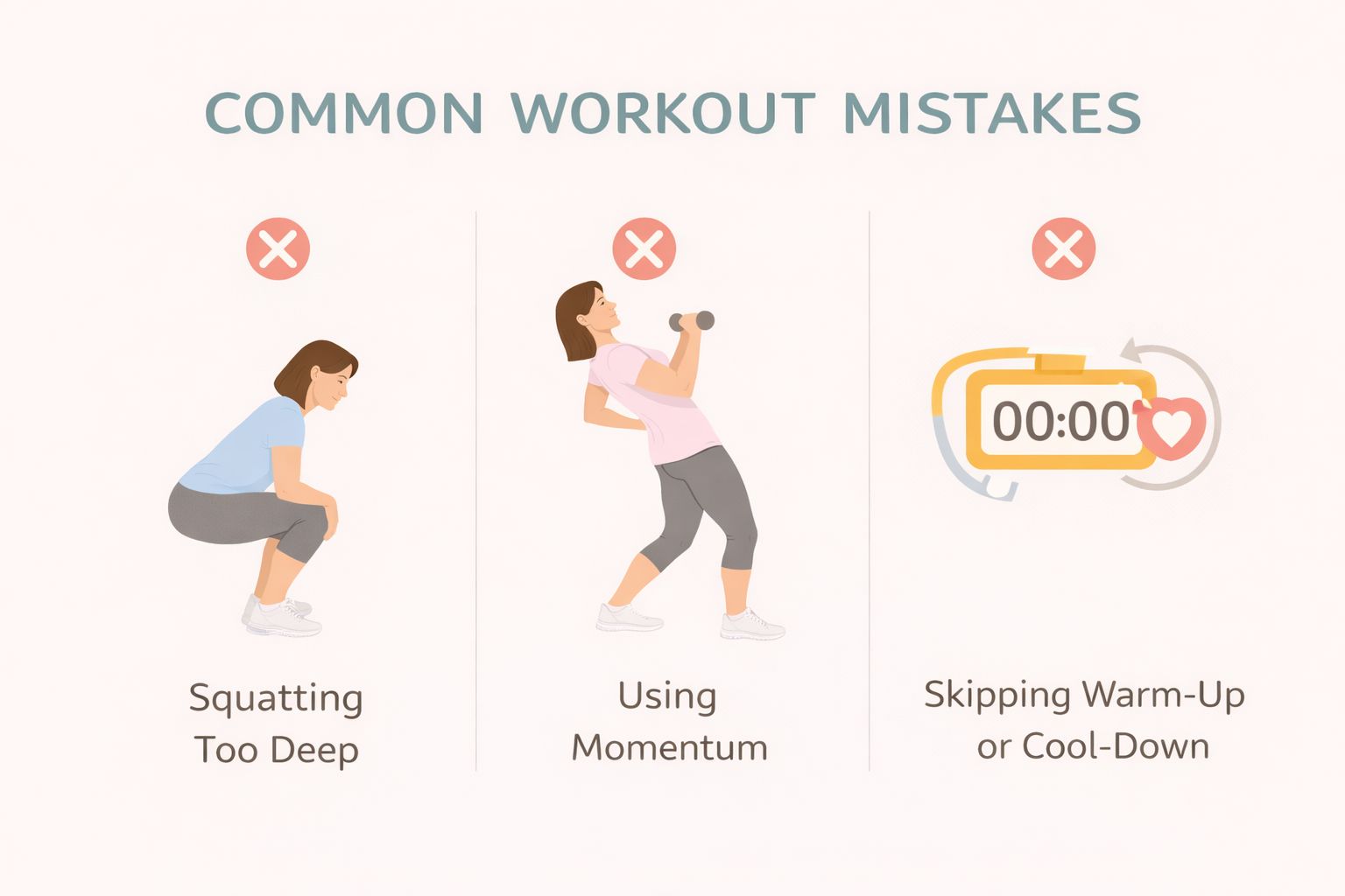 An infographic showing common exercise mistakes like squatting too deep or using momentum.