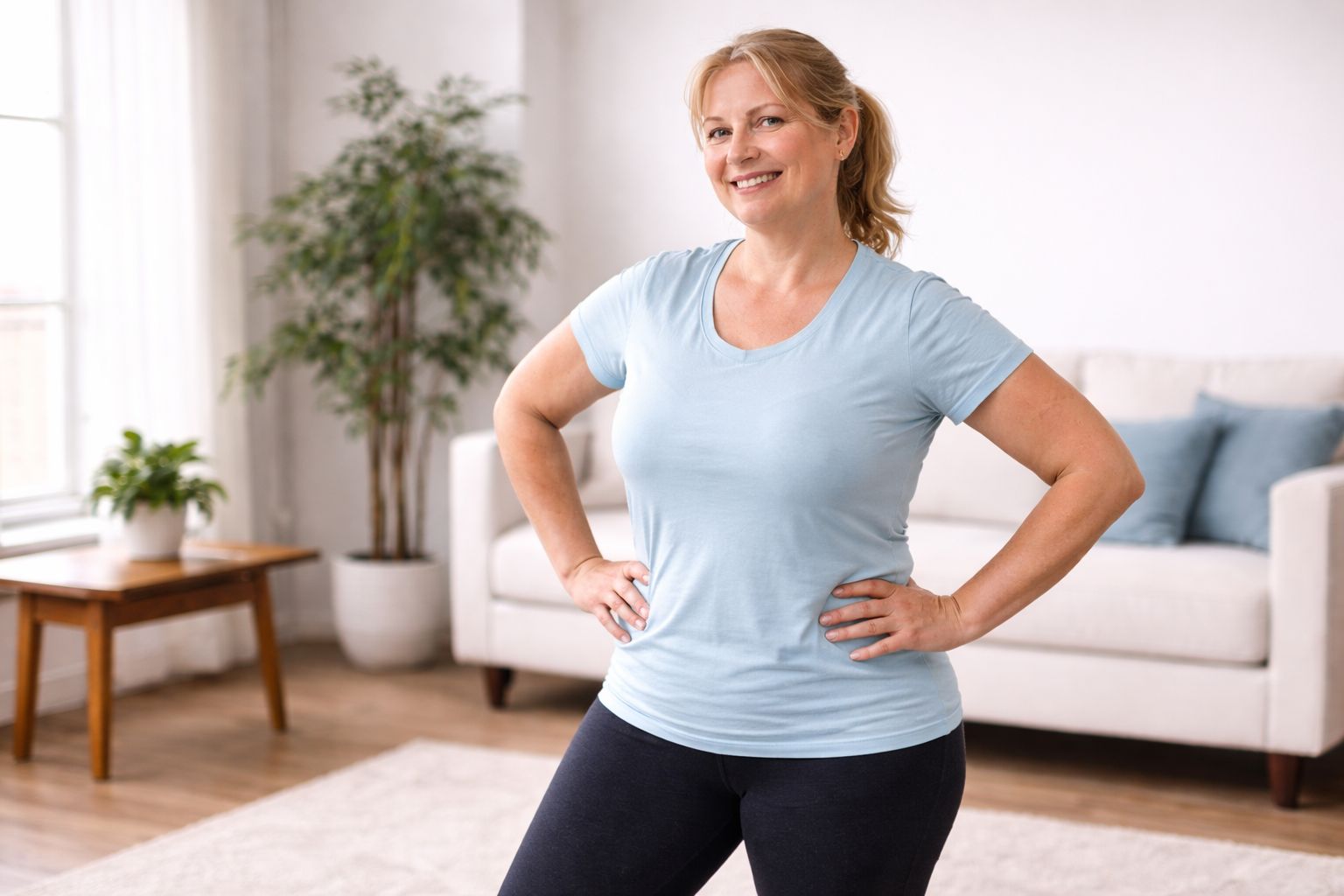 Overweight beginner smiling confidently after finishing low-impact home workout