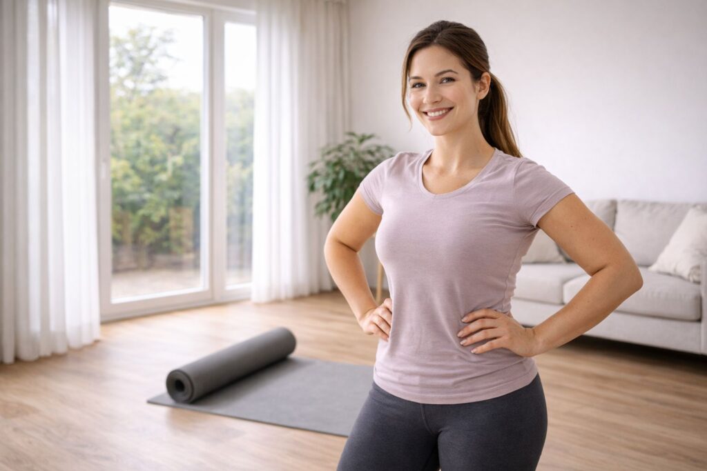 Beginner woman smiling confidently after completing full body home workout routine for women