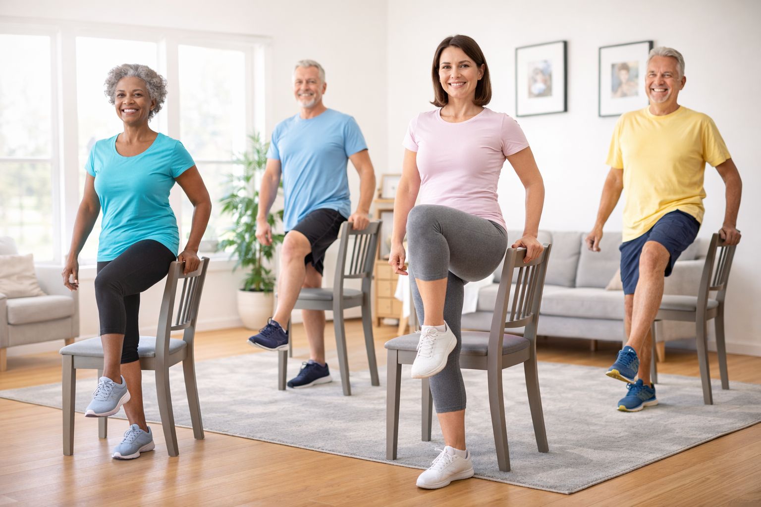 A diverse group of middle-aged and older adults performing simple standing workouts in a bright living room.