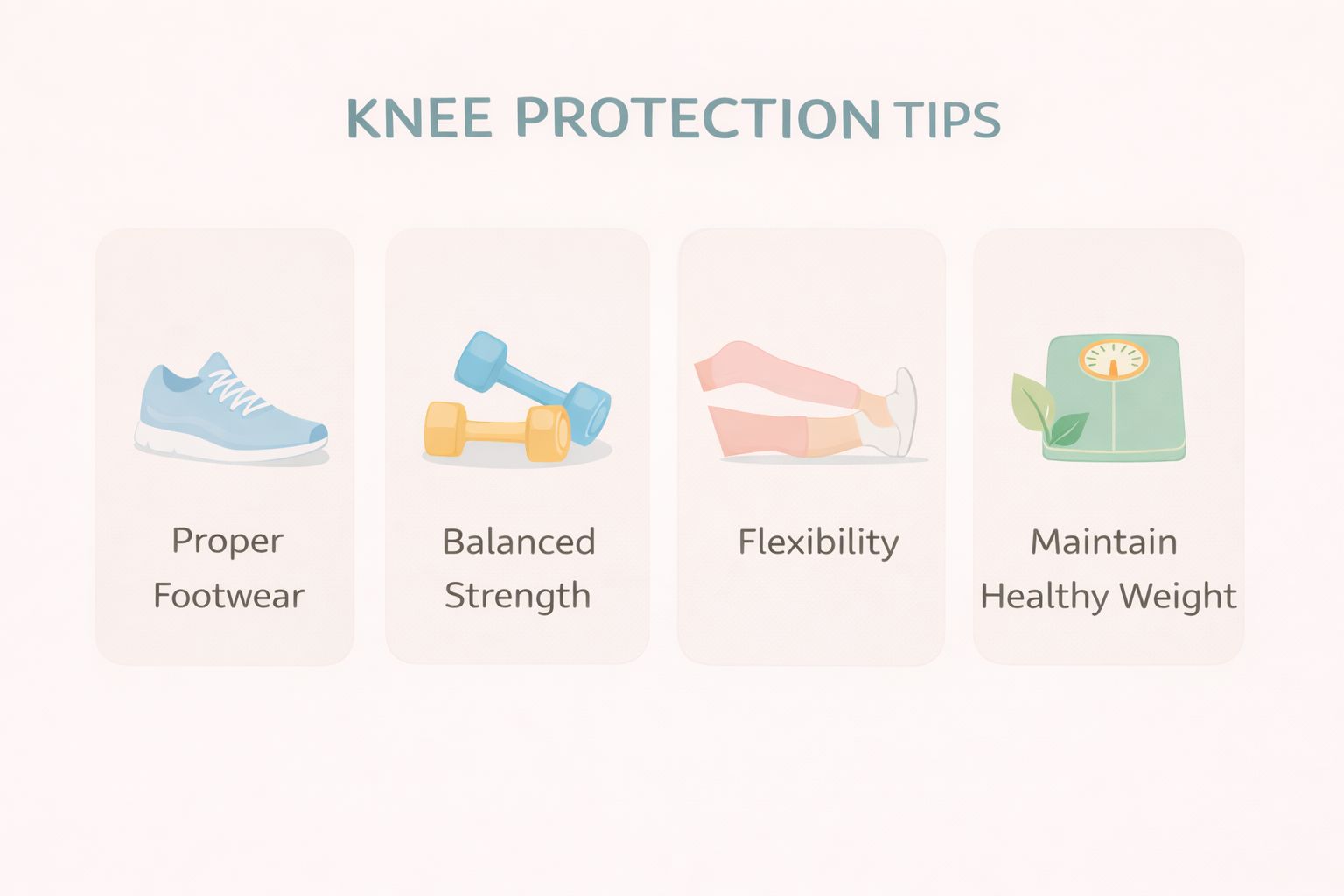 An infographic with tips for knee protection, including strength training, flexibility, and proper footwear.