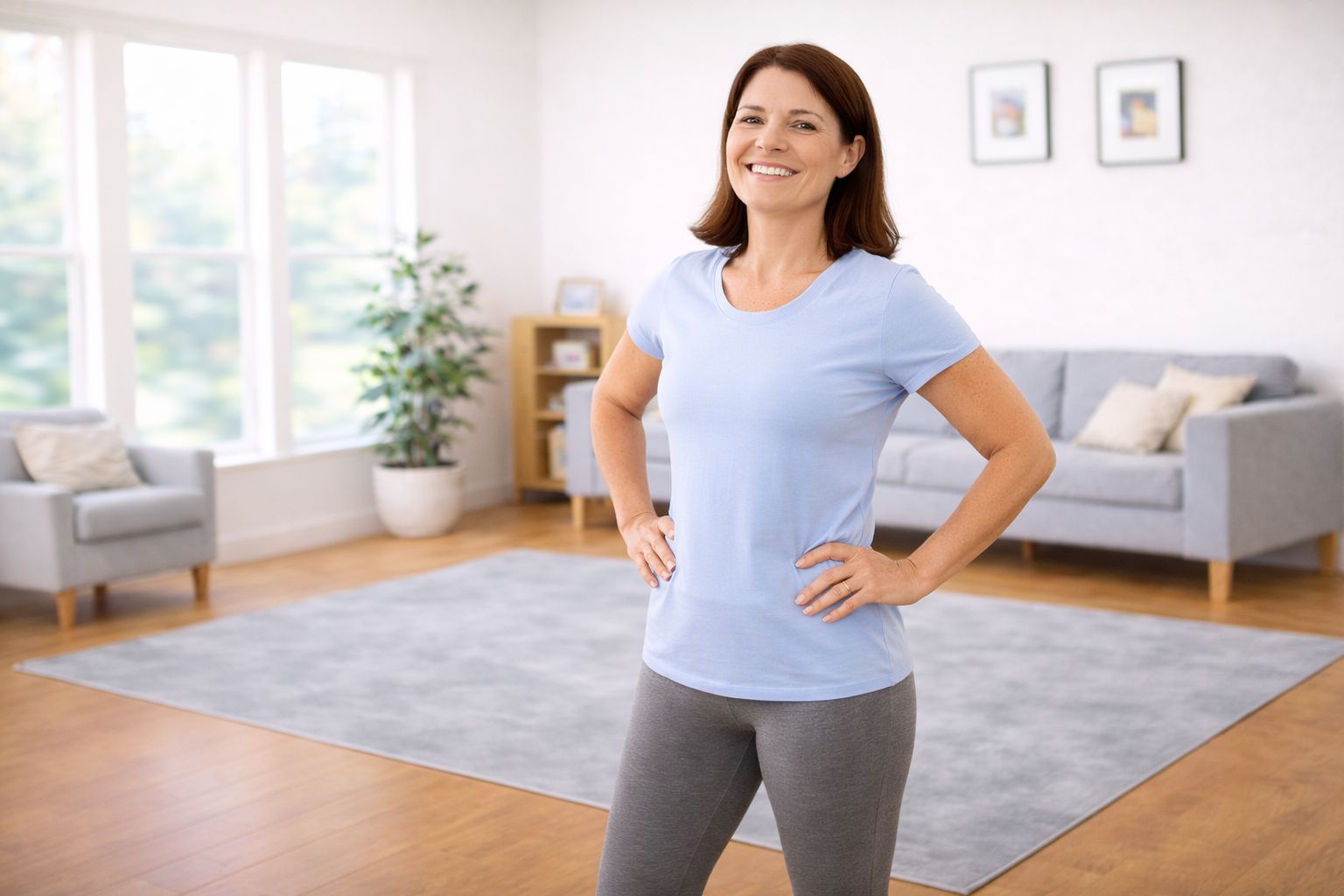 A smiling adult relaxing after completing a home workout in a bright living room.