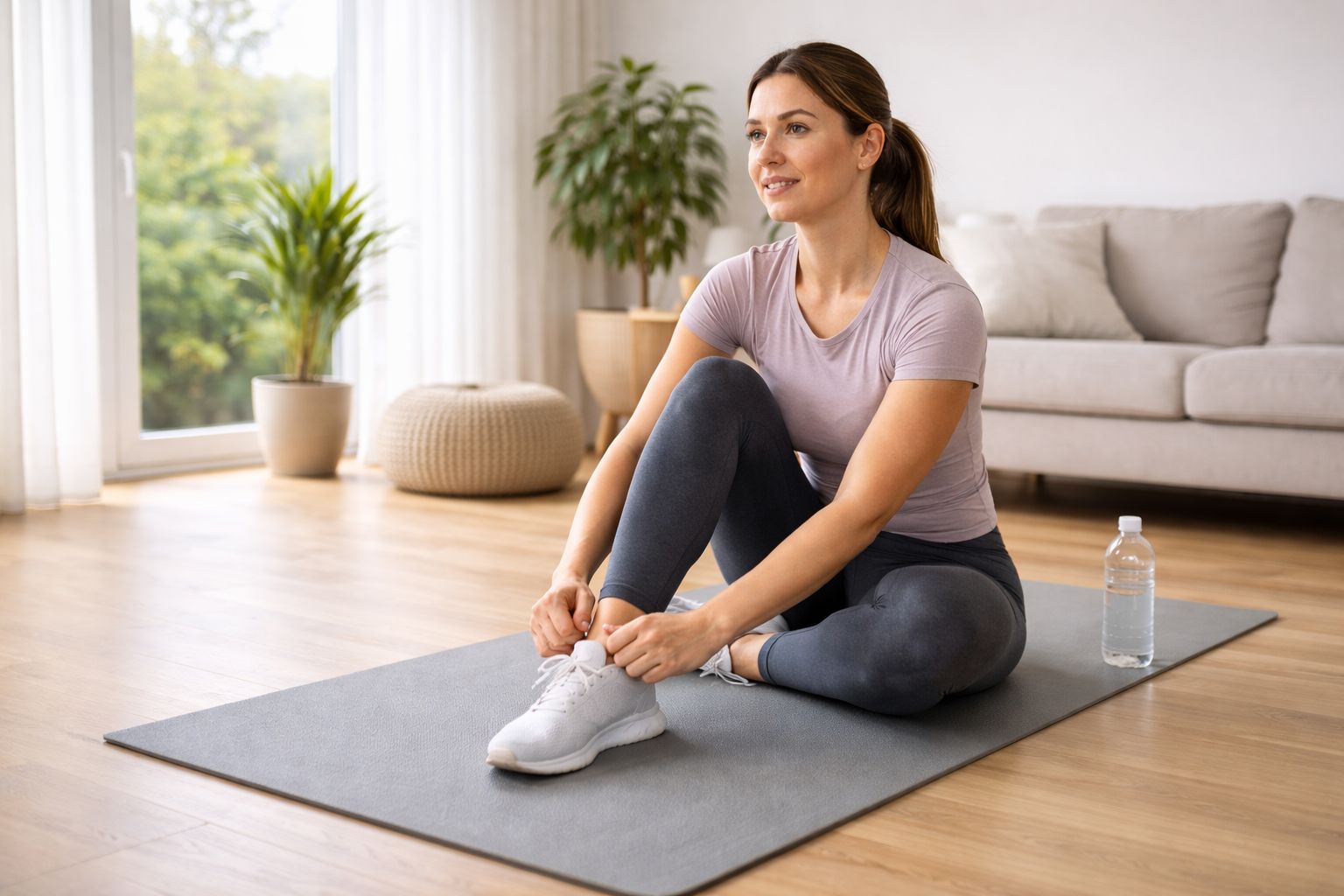 Beginner woman sitting on yoga mat at home preparing for full body workout routine for women