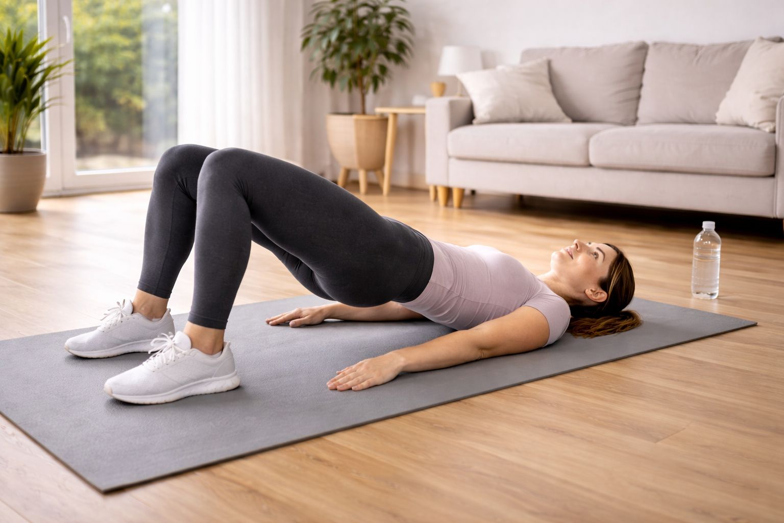 Beginner woman performing glute bridge on yoga mat lower body and core workout for women