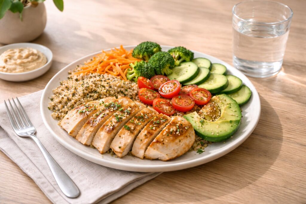 Balanced plate with protein vegetables and whole grains healthy eating for beginner weight loss women