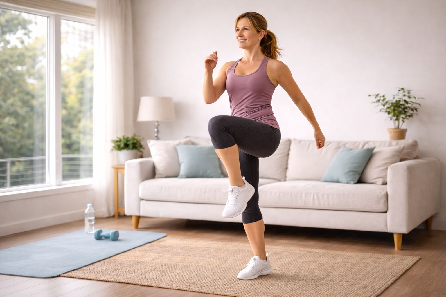 Woman over 40 performing high knees indoors to boost metabolism and burn belly fat at home