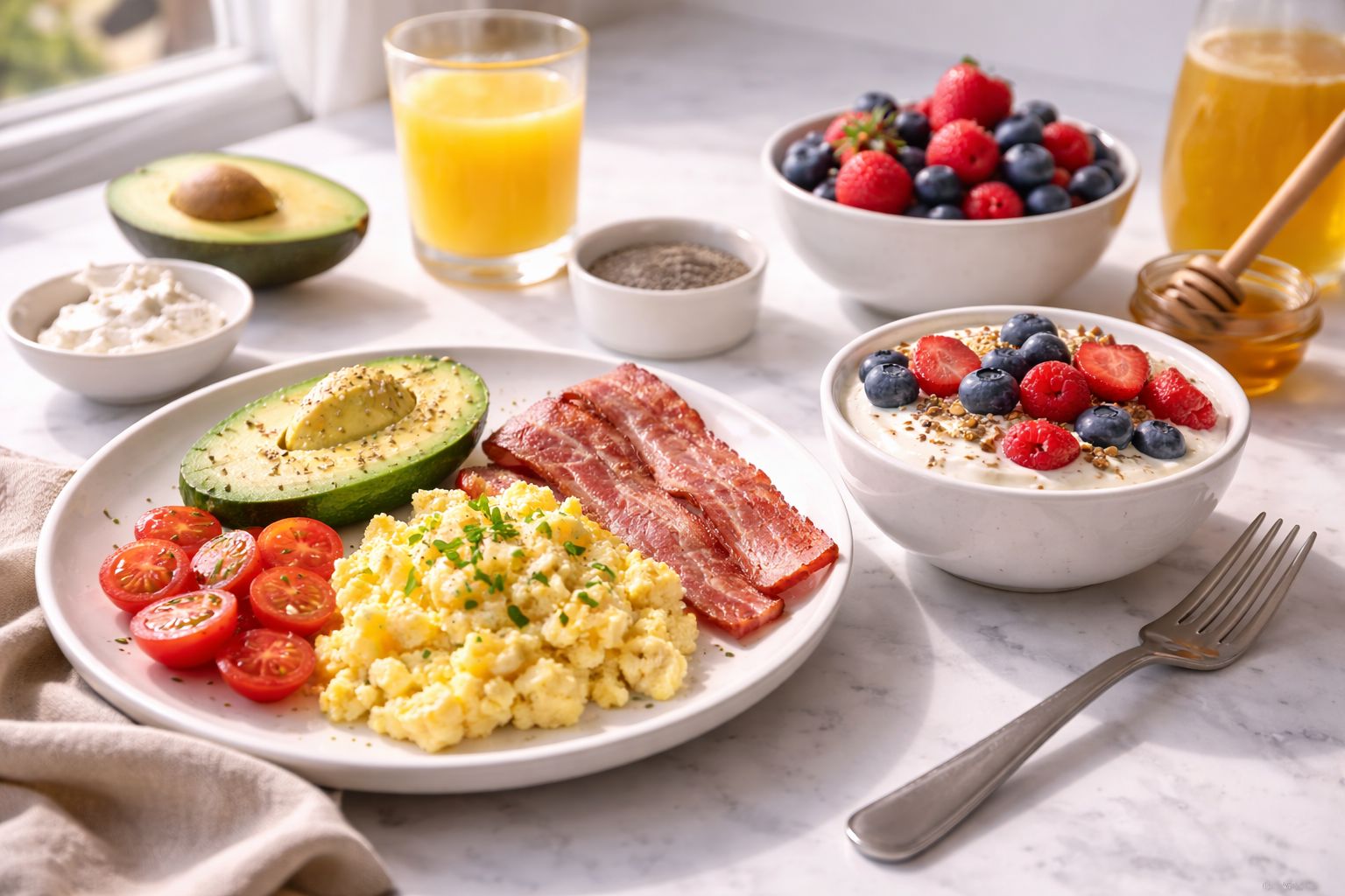 Healthy high-protein breakfast with eggs, avocado, berries and Greek yogurt on kitchen counter
