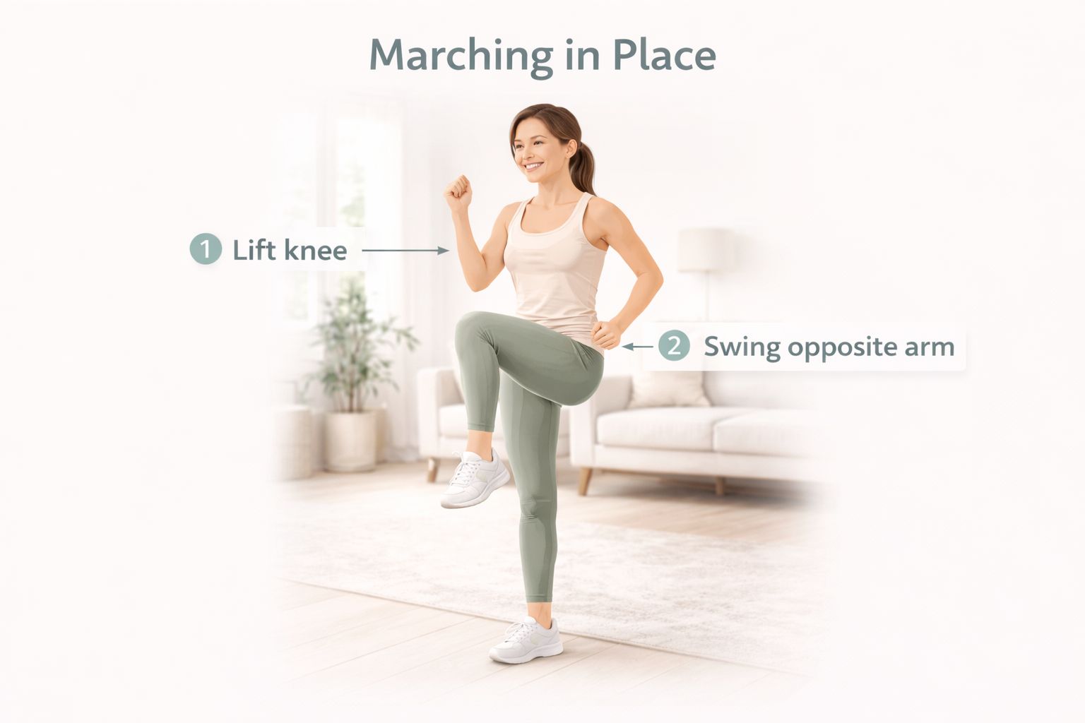 A beginner demonstrating the marching in place exercise with controlled knee lifts and arm swings in a home environment.