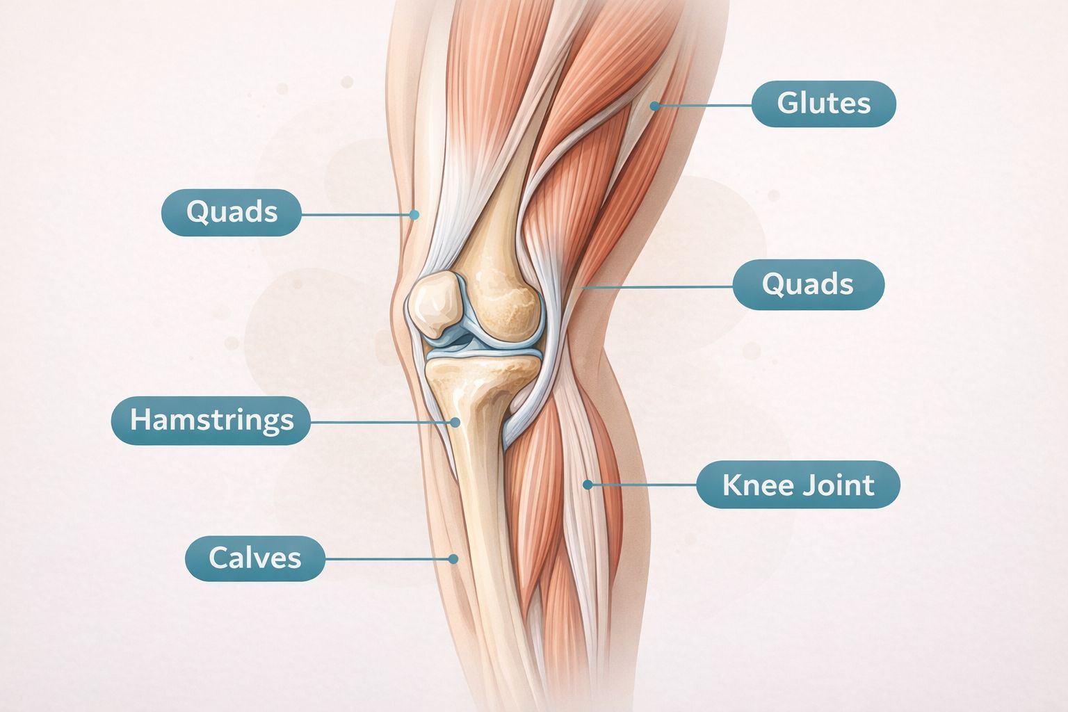 A clean illustration of the knee joint showing quadriceps, hamstrings, glutes, and calves in soft colors.