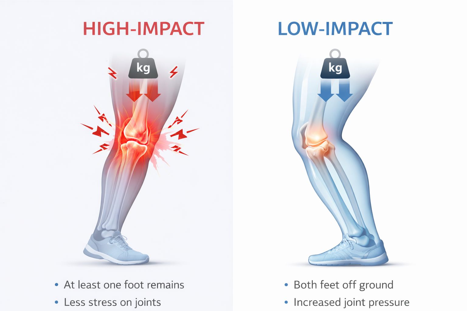Medical illustration showing increased knee joint pressure during jumping compared to walking