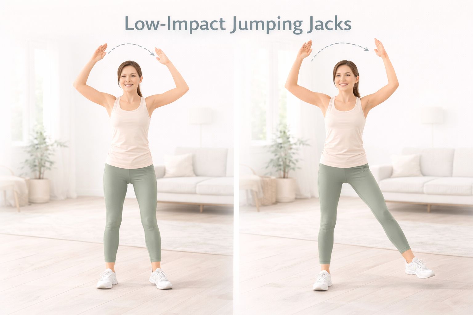 Beginner performing step-out jumping jacks with arms raised overhead in a low-impact style.