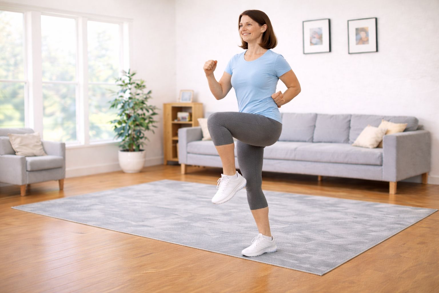 A person performing gentle standing cardio movements such as marching or side stepping at home.