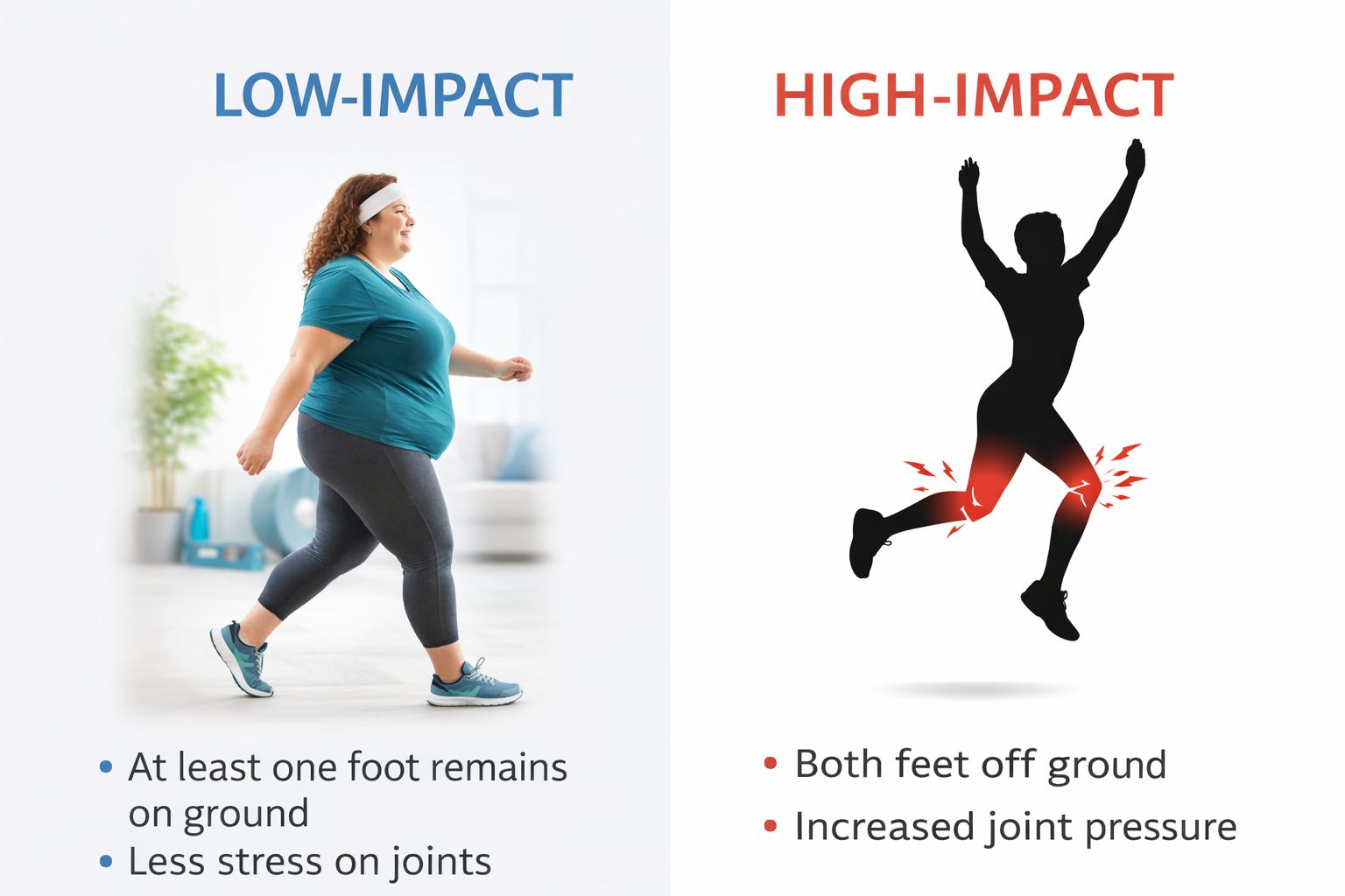 Visual comparison between walking (low-impact) and jumping (high-impact) exercise for joint safety