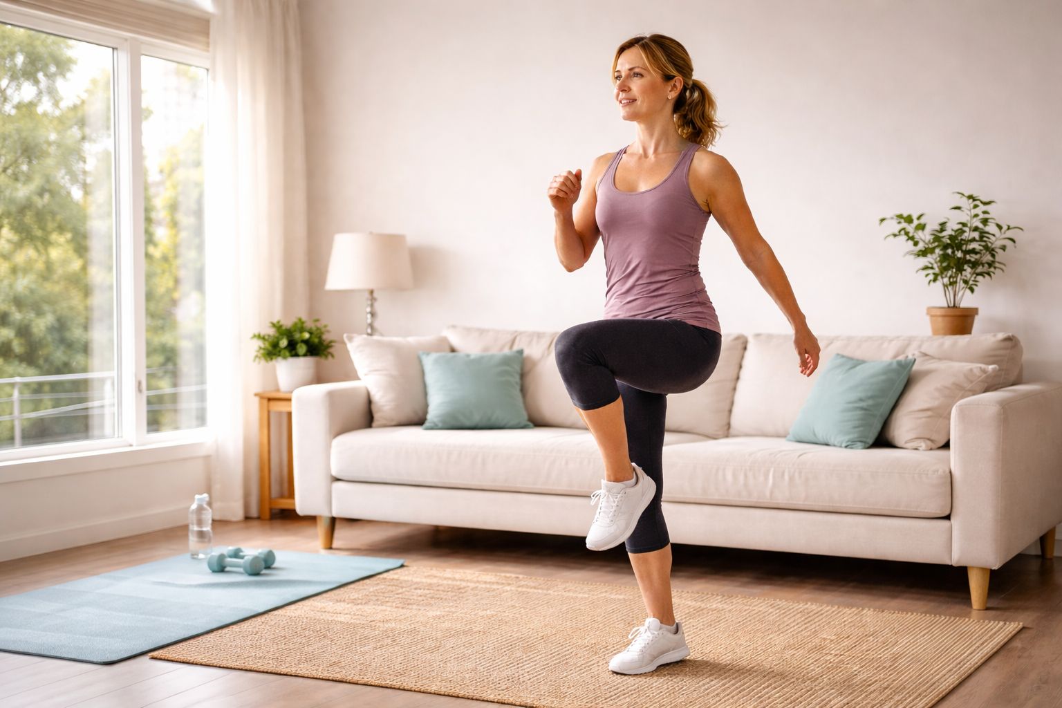 Woman over 40 marching in place indoors as a low impact morning exercise to lose belly fat at home
