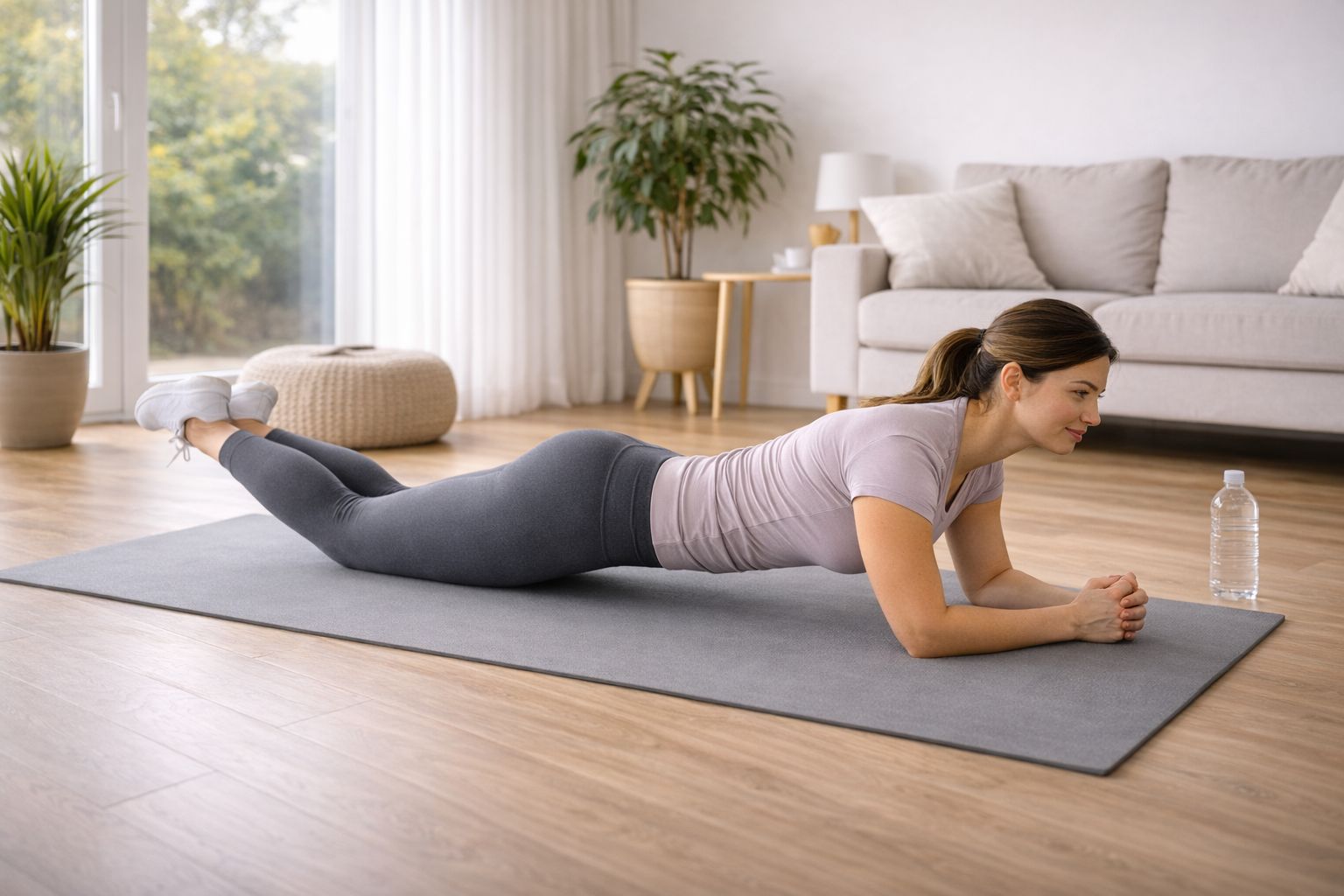 Beginner woman doing modified plank on knees at home core workout routine for women