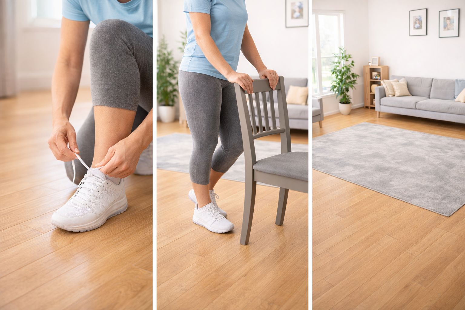 A person checking athletic shoes and adjusting a chair in a bright living room before starting a workout.
