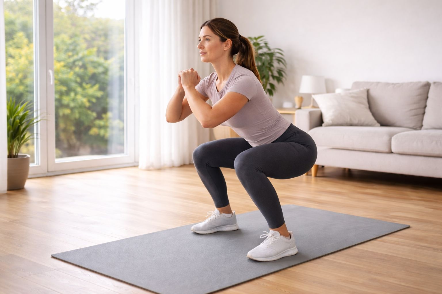 Woman demonstrating correct bodyweight squat form at home beginner full body workout routine