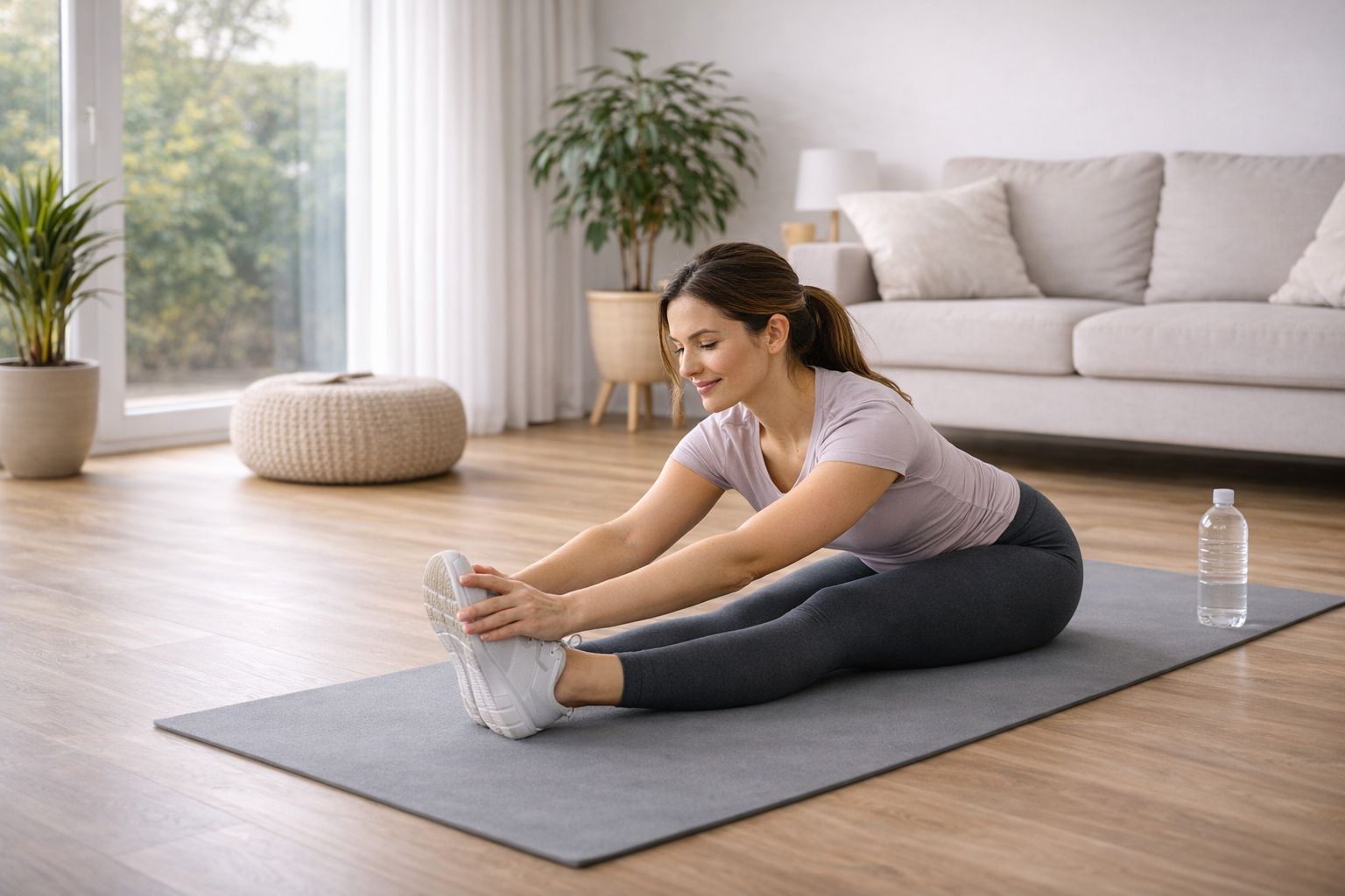 Beginner woman stretching hamstrings on yoga mat after full body home workout for women