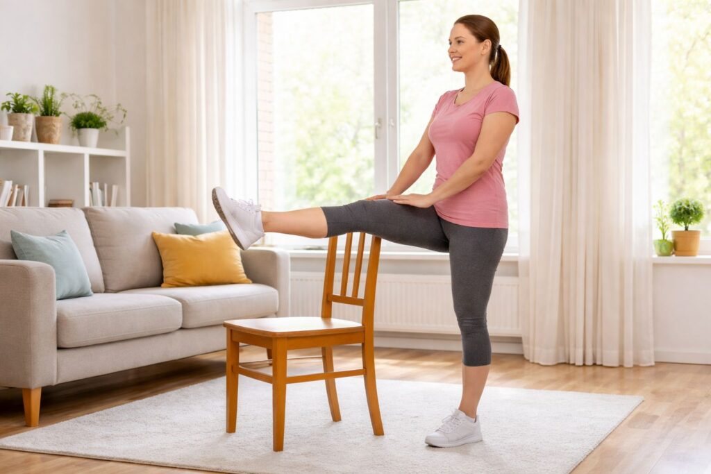 A person standing behind a chair lifting one straight leg forward 6–12 inches in a controlled motion.