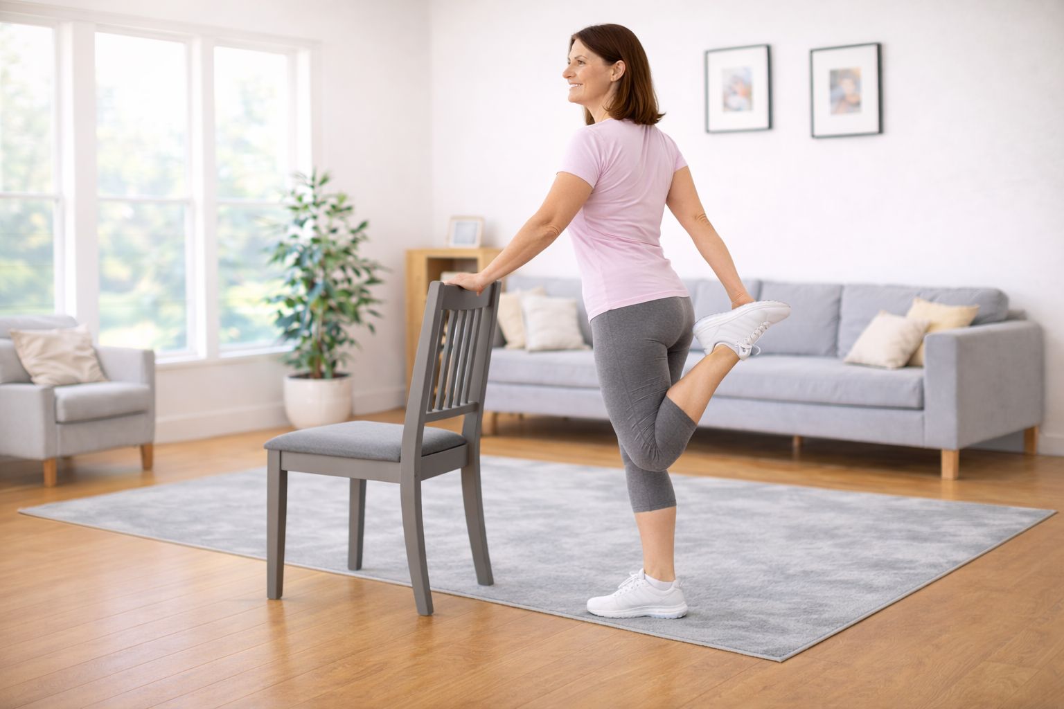 A person bending one knee to bring the heel toward the glutes while holding a chair for balance.