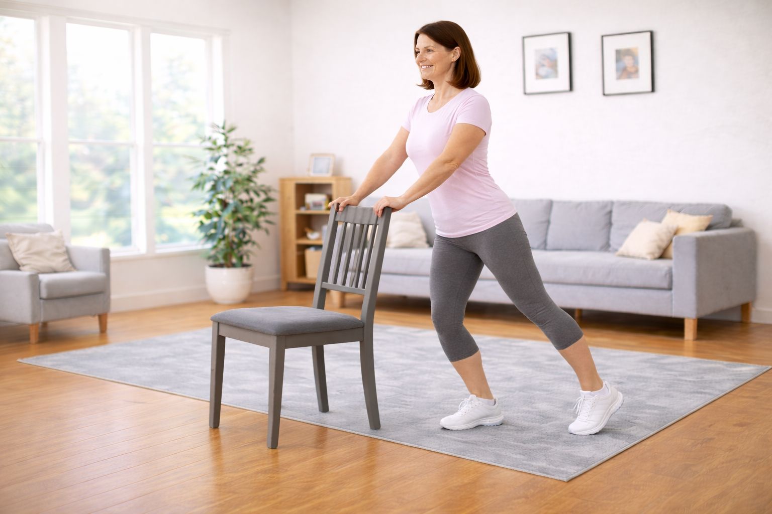 A person sliding one foot backward while holding a chair to create a gentle knee bend.