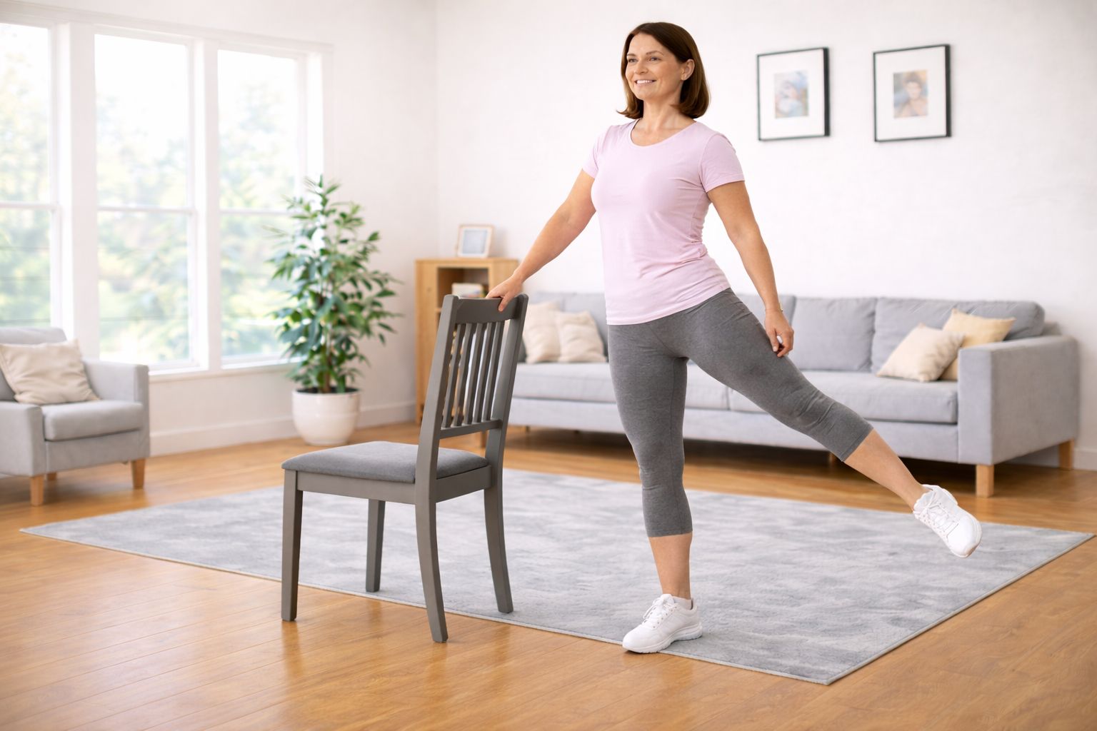 A person lifting one leg out to the side while holding a chair for balance in a bright home setting.