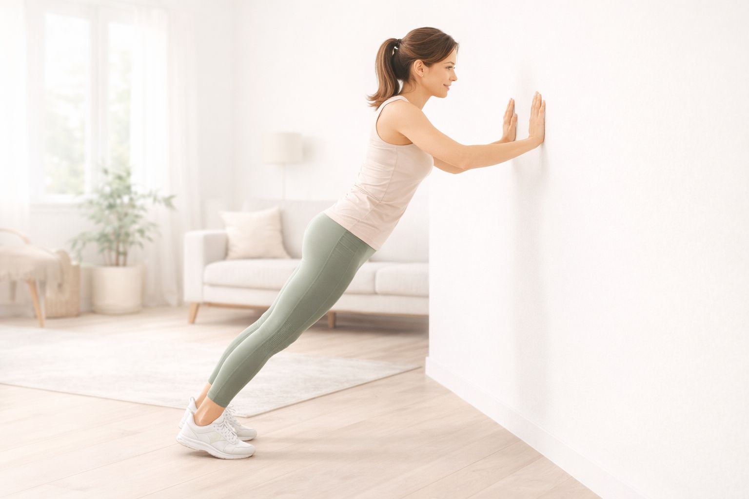 Beginner performing wall push-ups with straight body alignment and hands pressed against the wall.