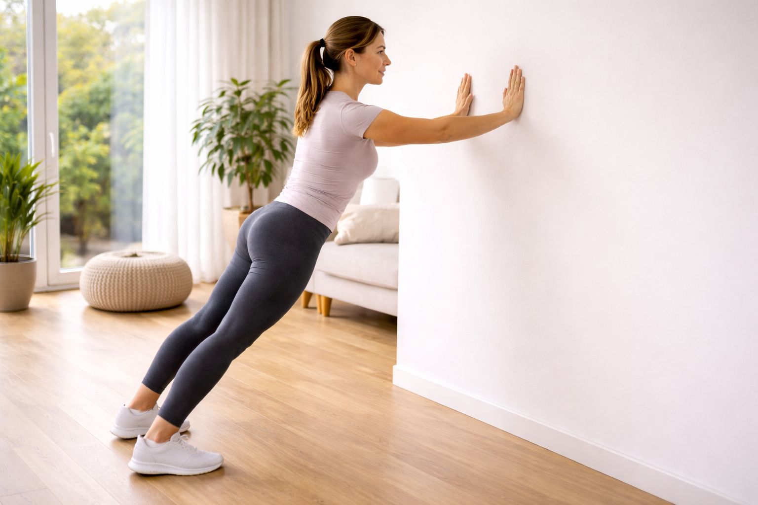 Beginner woman doing wall push-ups at home upper body workout for women no equipment