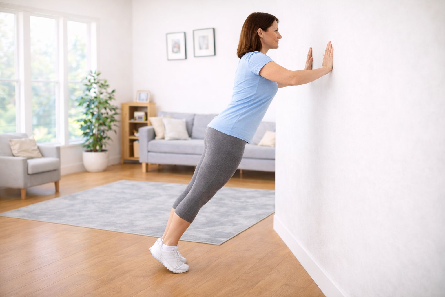 A person performing wall push-ups with straight body alignment in a home environment.