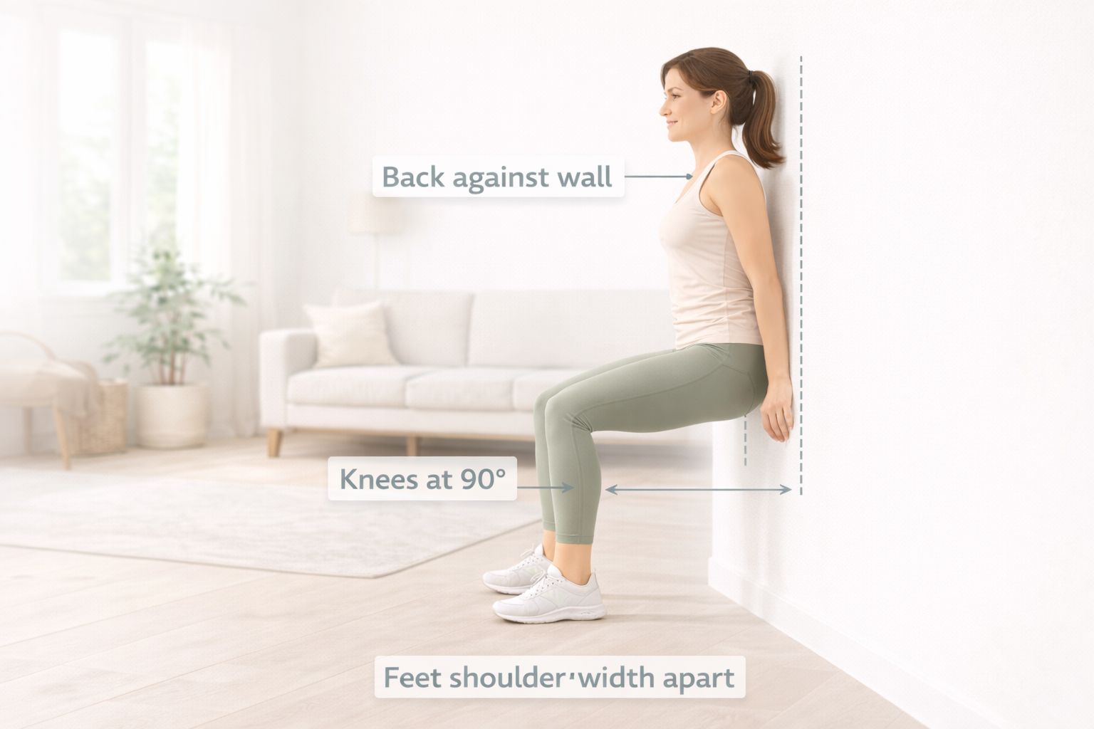 Beginner performing a wall sit with thighs parallel to the ground and back pressed against the wall.
