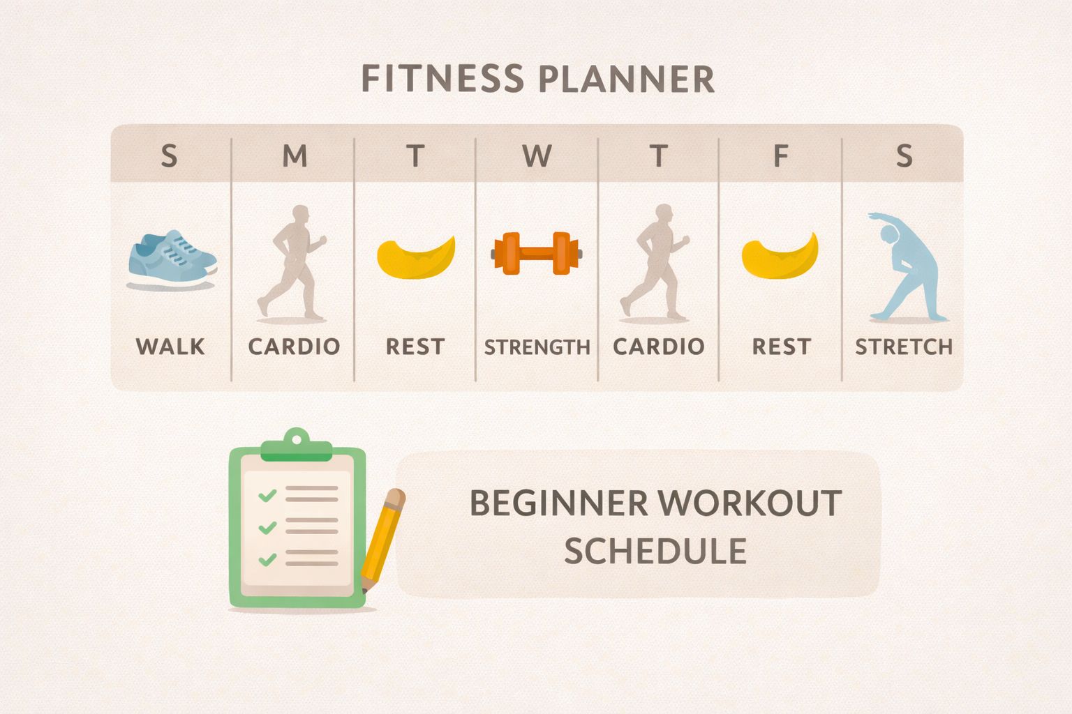 Minimal fitness planner showing a weekly beginner workout schedule with simple icons.