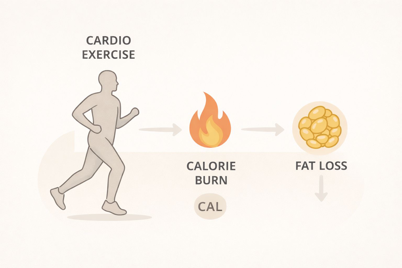 Simple fitness infographic showing cardio exercise leading to calorie burn and fat loss.