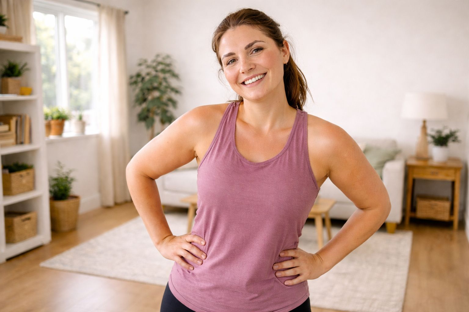 Beginner smiling proudly after completing a home workout in a bright living room.