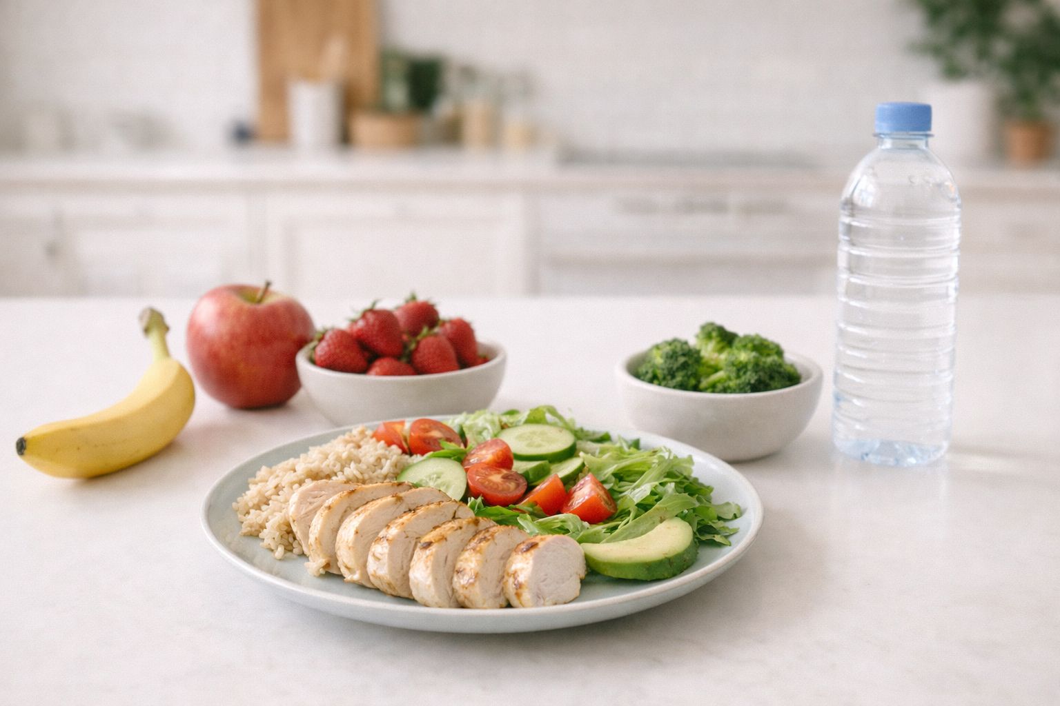 Healthy plate with chicken, vegetables, and fruits on a kitchen table next to a water bottle.