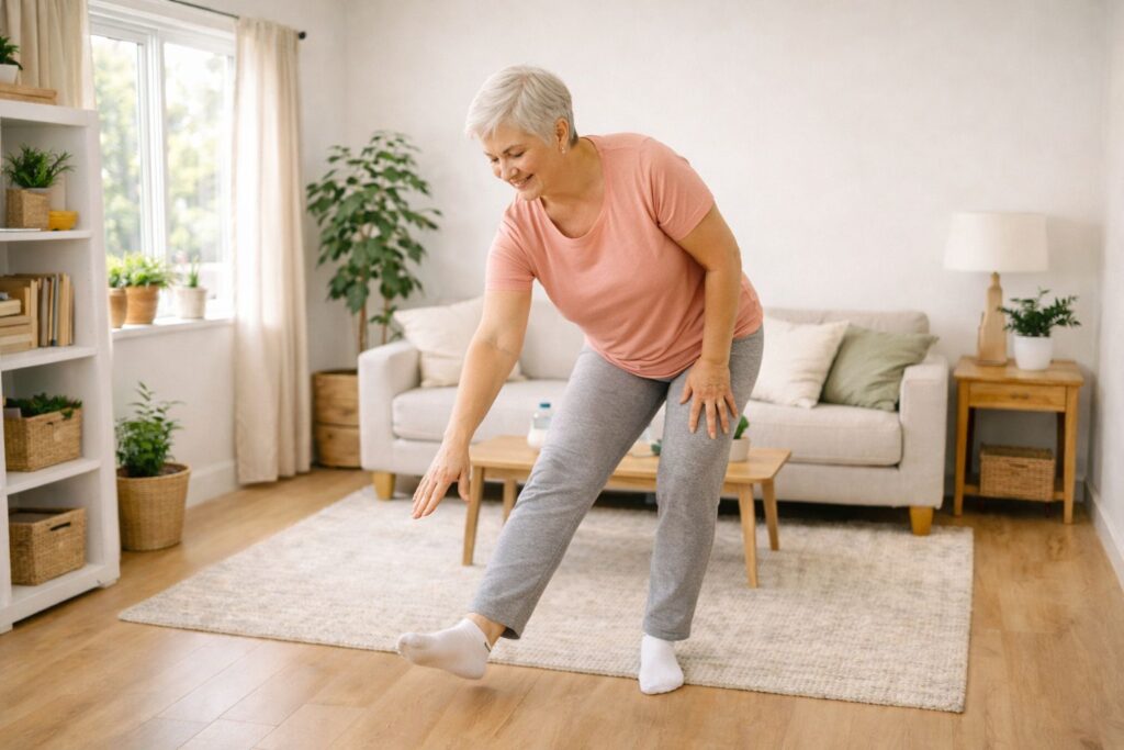 Older adult gently stretching in a peaceful living room before a home workout.