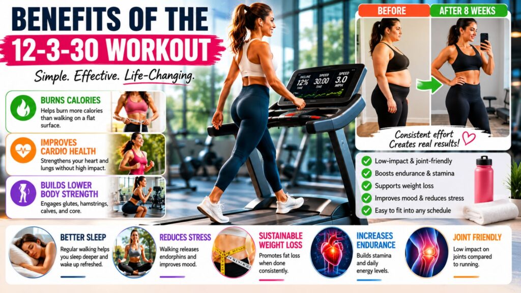 Infographic showcasing the weight loss, endurance, cardiovascular health, and strength benefits of the 12-3-30 treadmill workout.