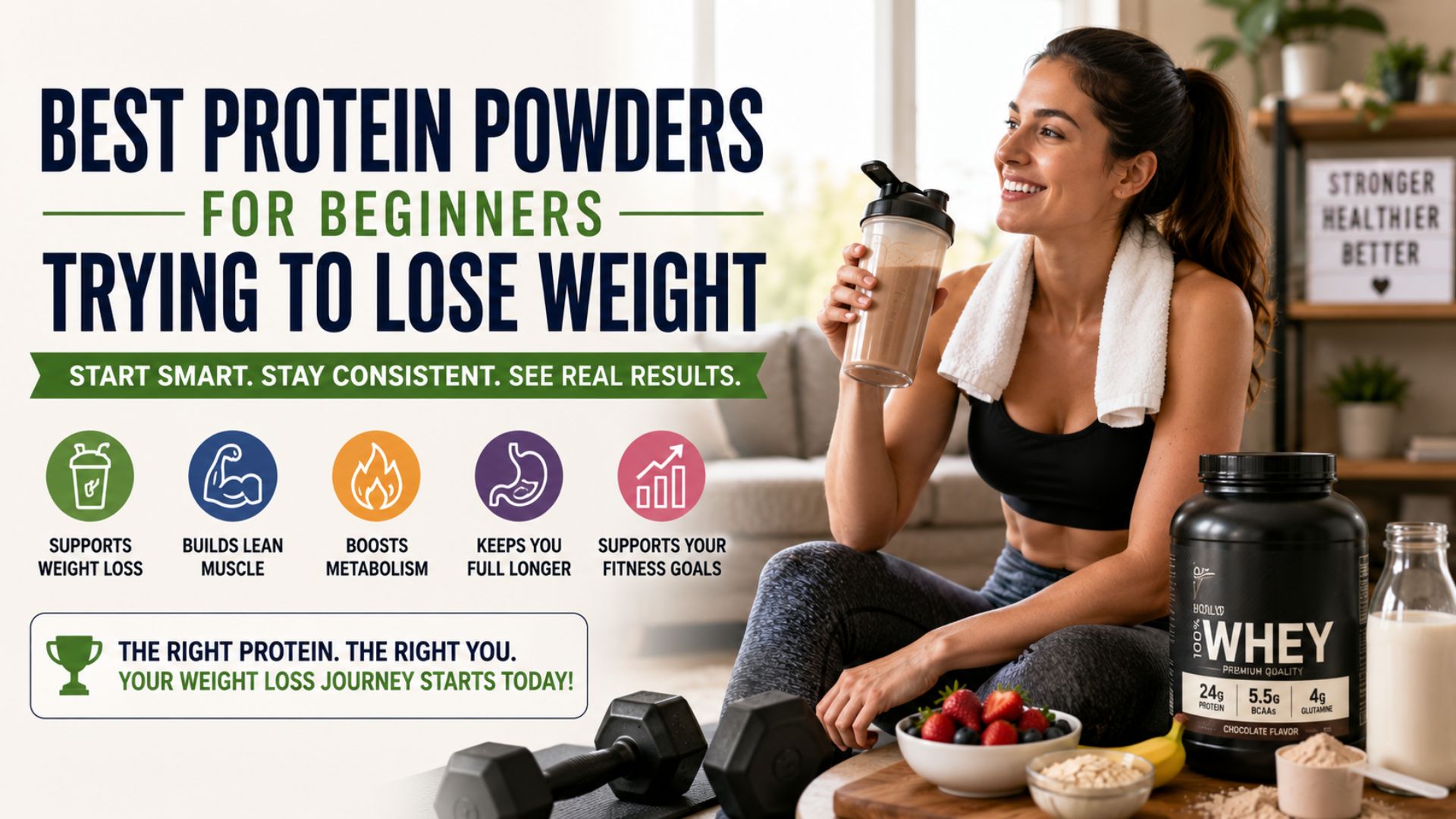 Beginner fitness motivation image with protein shake and healthy lifestyle