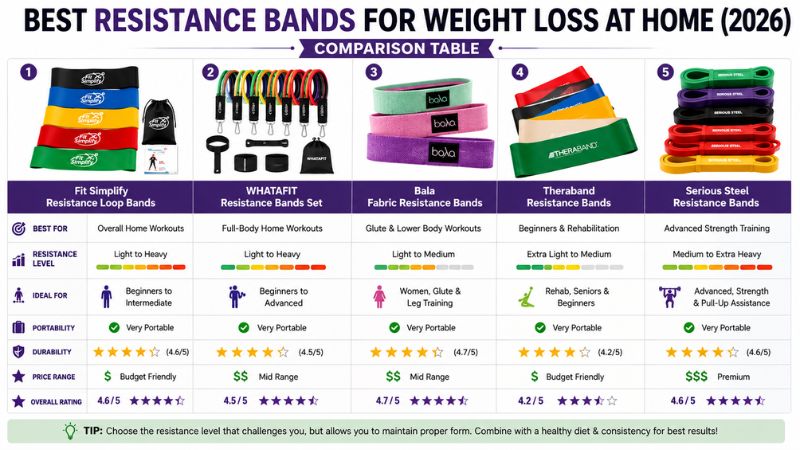 Comparison chart of the best resistance bands for home workouts and weight loss