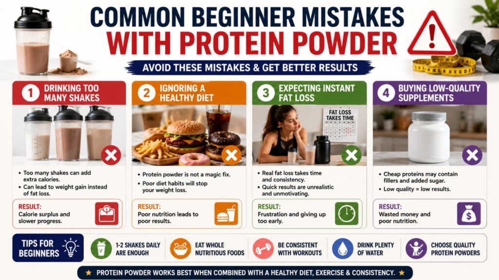 Infographic showing common mistakes beginners make with protein powder