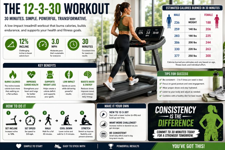 Woman completing a successful 12-3-30 treadmill workout while improving fitness, endurance, and weight loss results.