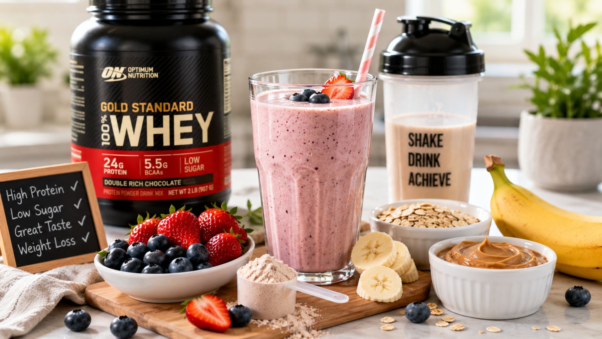 Healthy protein smoothie with berries banana oats and protein powder