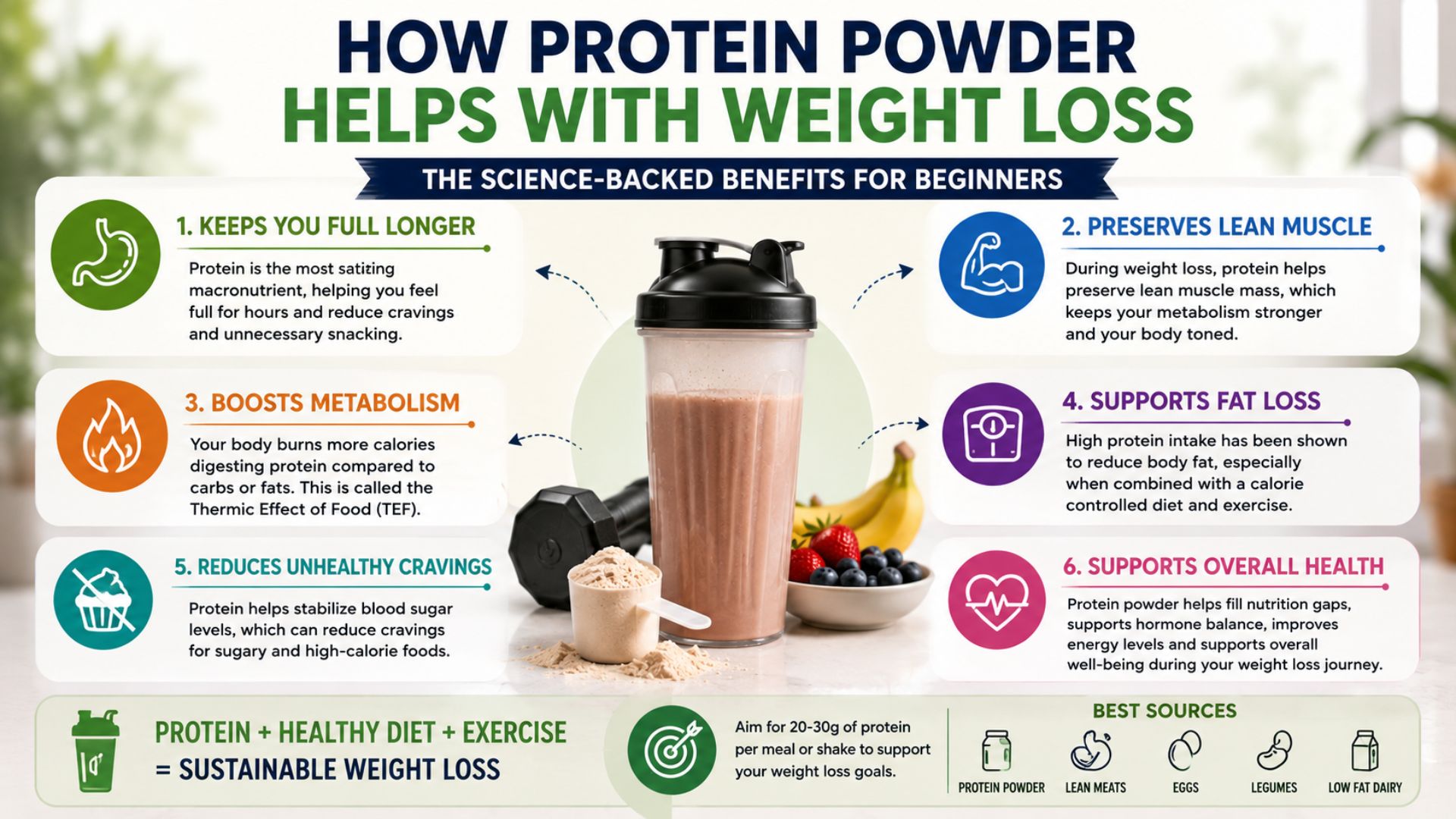 Educational infographic explaining how protein powder supports weight loss