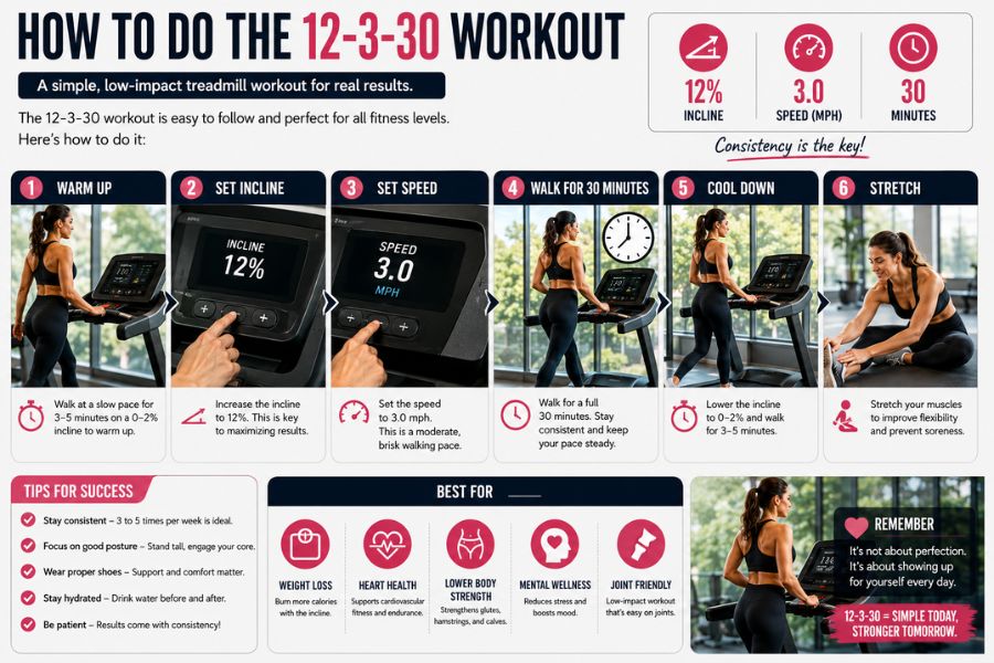 Step-by-step infographic showing how to perform the 12-3-30 treadmill workout with proper incline, speed, and duration settings.