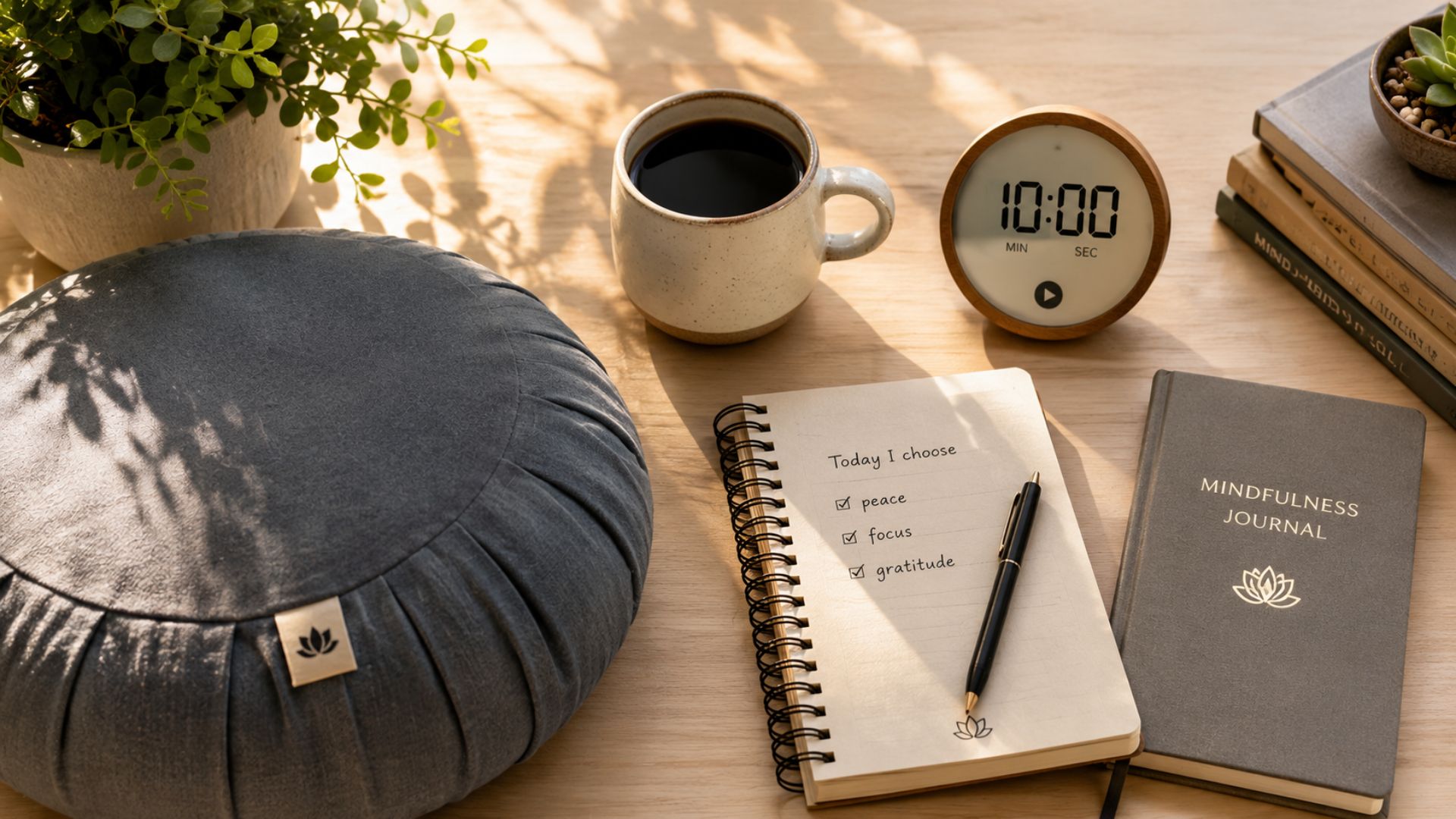 Meditation cushion, mindfulness journal, coffee cup, indoor plant, and timer arranged for a 10-minute morning mindfulness practice.