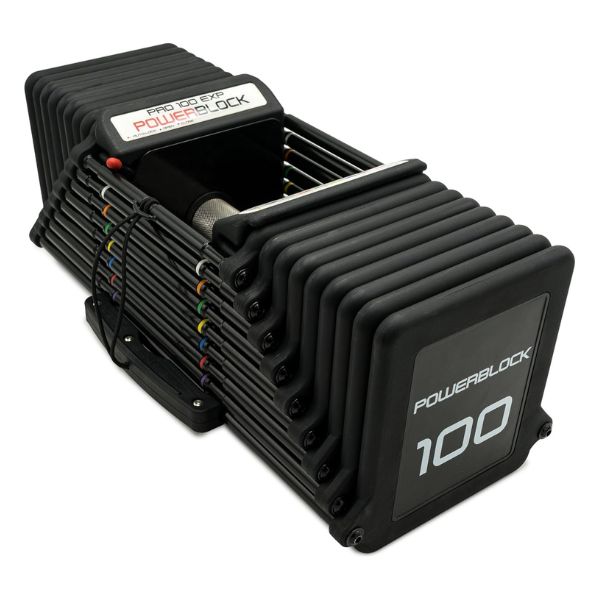 PowerBlock Pro 100 EXP adjustable dumbbells with expandable weight system for home gym workouts.